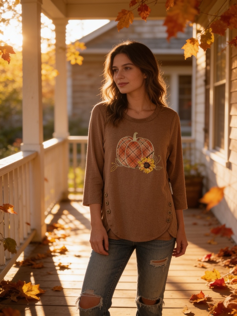 Women's Rust Brown Plaid Pumpkin Graphic Long Sleeve Top by Tru Self NWT Size M